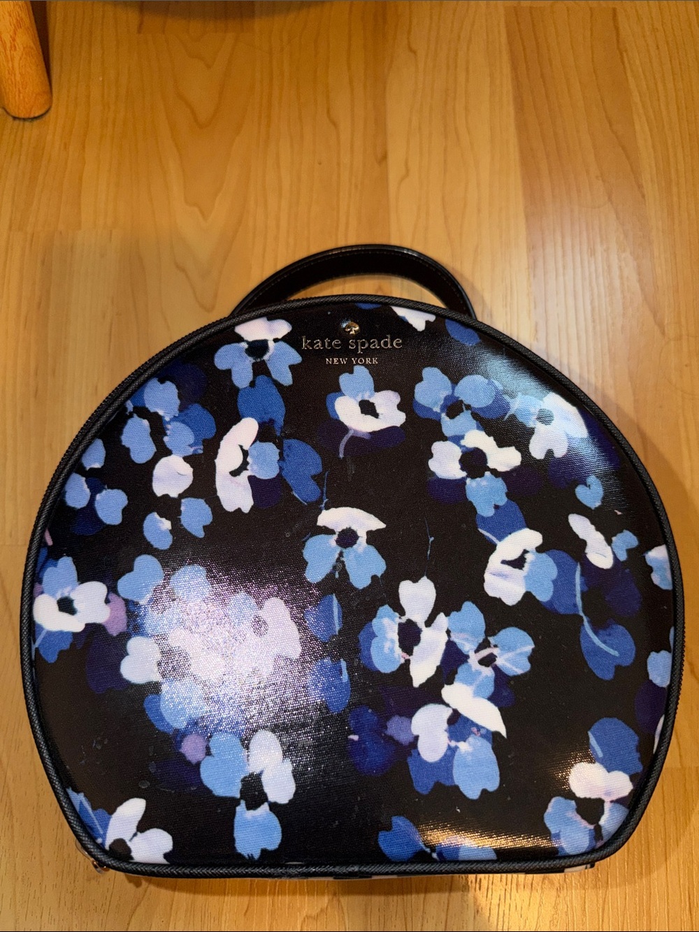 kate spade Black Floral Cosmetic Case with Blue & White Flowers